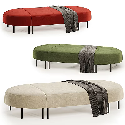 Upholstered Sofa Benches in Red Green Beige with Gray Blanket and Black Legs 3d model