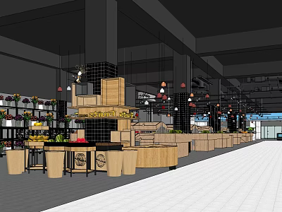 Modern Supermarket Interior With Open Layout Wooden Shelves Fruits Vegetables And Hanging Lights 3d model