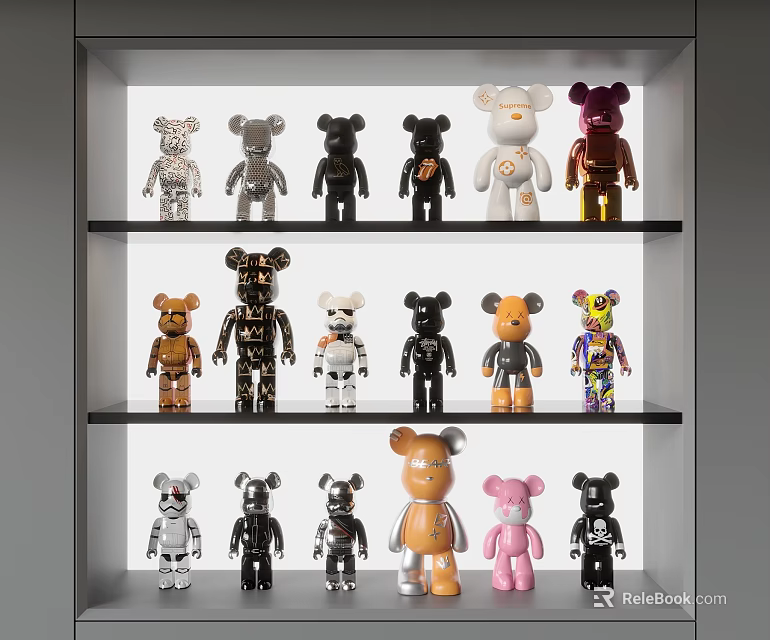 Colorful Bearbrick Dolls Displayed On Shelves 3d model 