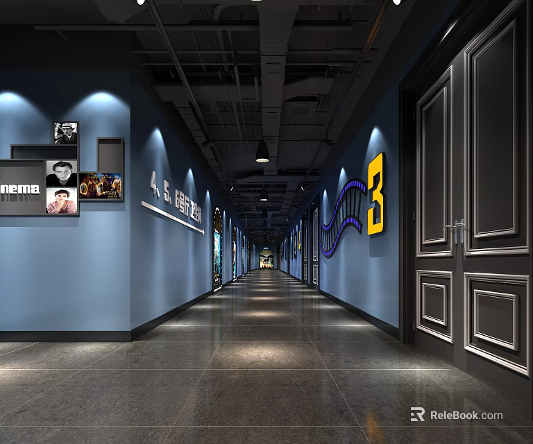 Cinema Corridor With Blue Walls Movie Posters Number Three And Modern Lighting 3d model 