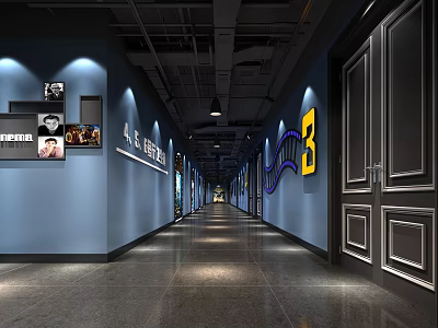 Cinema Corridor With Blue Walls Movie Posters Number Three And Modern Lighting 3d model