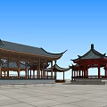 Traditional Chinese Pavilions Architectural Models With Classic Roof Design Arranged On Square Tiles