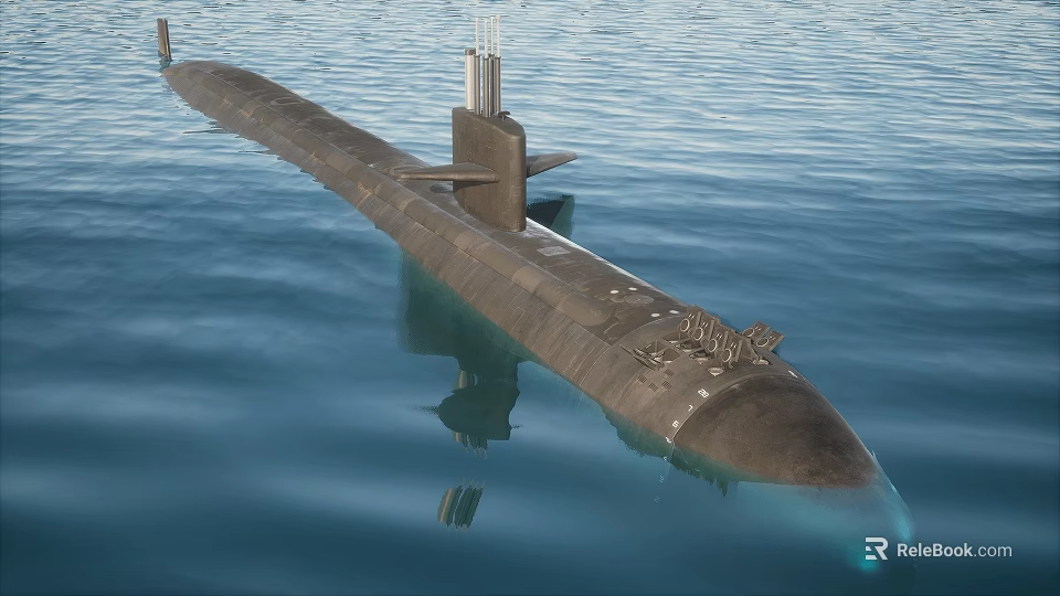 Modern Military Submarine With Dark Hull And Conning Tower Floating On Blue Sea Surface 3d model 