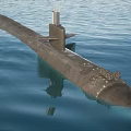 Modern Military Submarine With Dark Hull And Conning Tower Floating On Blue Sea Surface