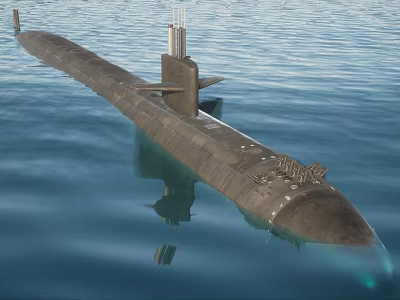 Modern Military Submarine With Dark Hull And Conning Tower Floating On Blue Sea Surface 3d model