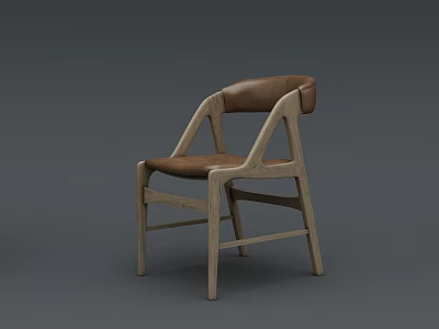 Modern Minimalist Leisure Chair With Natural Wood Frame And Brown Leather Seat 3d model