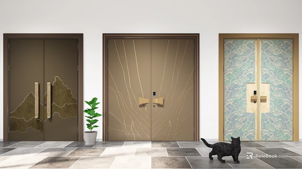 Luxurious Double Doors with Intricate Gold Patterns and Modern Interior Design 3d model