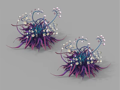 Two Clusters of Decorative Flowers with Purple Leaves Blue Stems and Small White Blooms 3d model