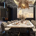 Elegant Modern Restaurant Interior With Floral Ceiling Decor Chandelier Dining Table Chairs And Ambient Lighting