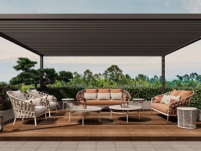 Modern Villa Balcony Outdoor Area With Wicker Furniture Wooden Floor And Lush Greenery View 3d model