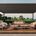 Modern Villa Balcony Outdoor Area With Wicker Furniture Wooden Floor And Lush Greenery View