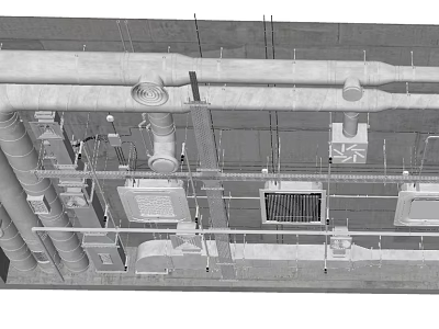 Ceiling Construction Featuring Metal Frames Pipes and Ventilation Systems 3d model