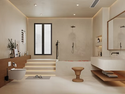 Modern Bathroom Interior With Bathtub Shower Steps Large Mirror And Potted Plants 3d model