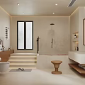 Modern Bathroom Interior With Bathtub Shower Steps Large Mirror And Potted Plants