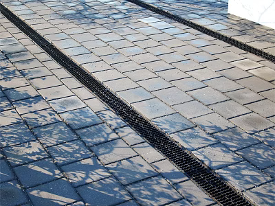 Outdoor Paved Ground Surface With Brick Paving Drainage Channels And Tree Shadows 3d model