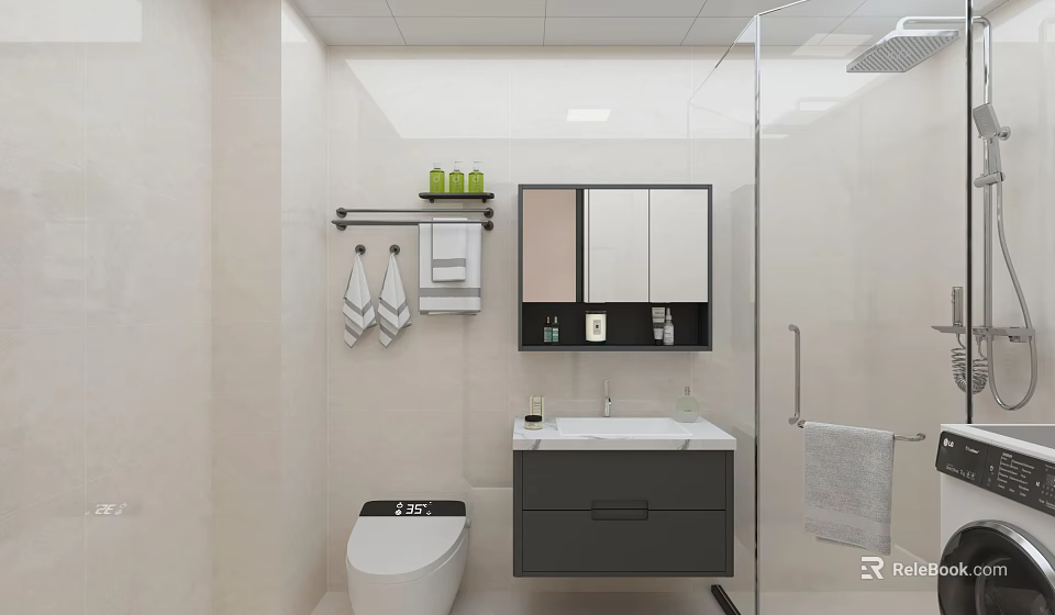 Light Tone Modern Bathroom With Smart Toilet Floating Vanity Mirror Cabinet And Glass Shower Area 3d model 