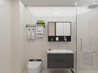 Light Tone Modern Bathroom With Smart Toilet Floating Vanity Mirror Cabinet And Glass Shower Area 3d model