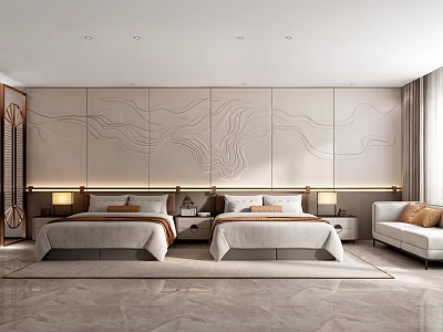 Modern Elegant Bedroom Interior With Wavy Patterned Wall Two Beds Nightstands With Lamps And Sofa 3d model