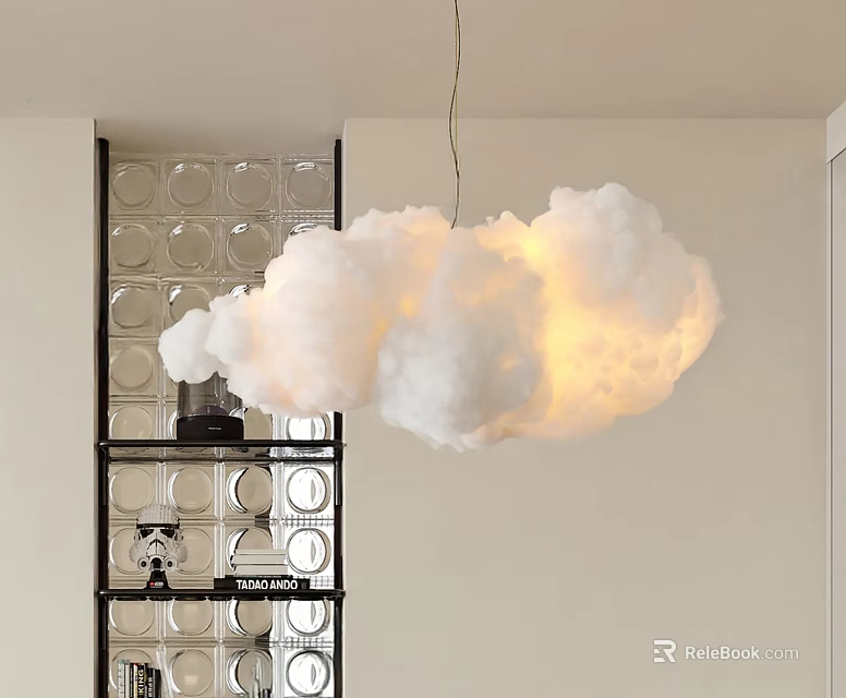 Cloud Shaped White Chandelier Illuminated Glowing Light In Modern Room With Glass Partition And Shelf 3d model 