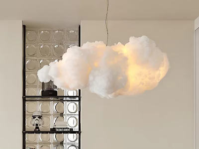 Cloud Shaped White Chandelier Illuminated Glowing Light In Modern Room With Glass Partition And Shelf 3d model