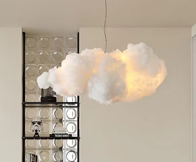 Cloud Shaped White Chandelier Illuminated Glowing Light In Modern Room With Glass Partition And Shelf 3d model