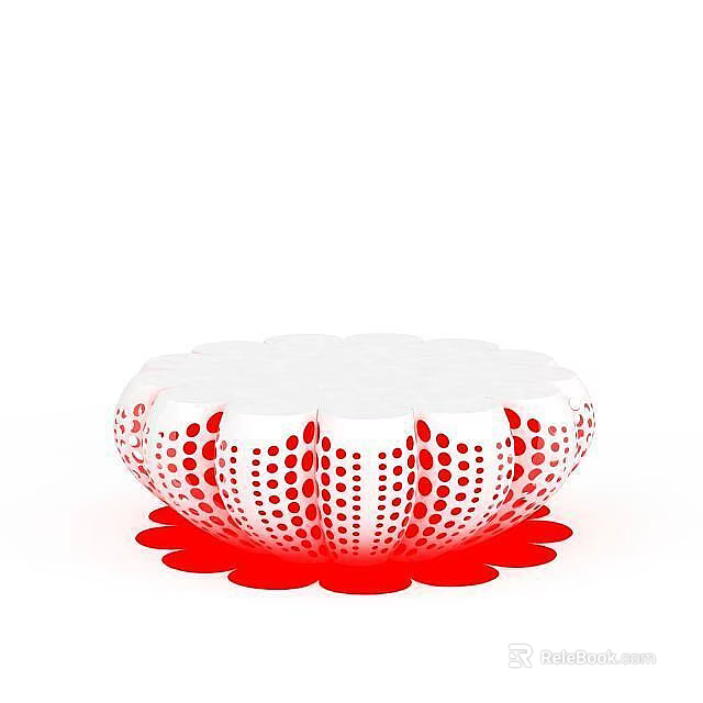 White and Red Round Furniture Piece With Petal Shaped Base And Red Dot Pattern 3d model 