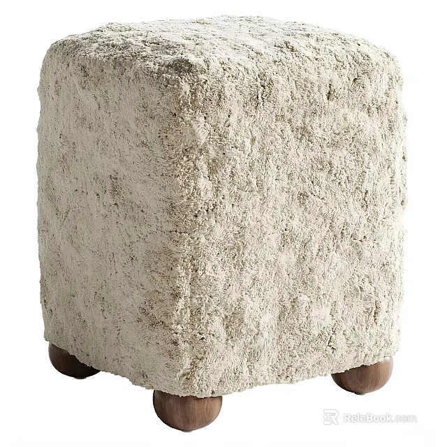 Square Design Soft Beige Furry Stool with Wooden Legs for Living Room Decor 3d model 
