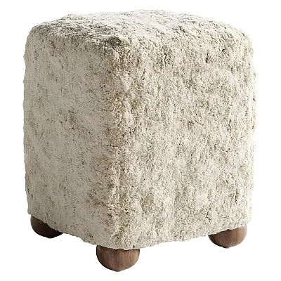Square Design Soft Beige Furry Stool with Wooden Legs for Living Room Decor 3d model
