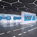Modern Tech Exhibition Hall With Geometric Ceiling Lights Blue White Display Panels And Central Platform