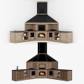 Rustic Kitchen Design With Brick Cabinets Black Range Hood Marble Countertop And Fireplace Stove