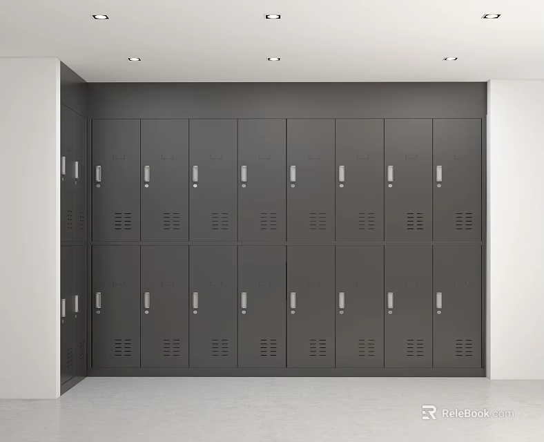 Modern Gray Storage Locker Wall With Multiple Compartments In Indoor Storage Area 3d model