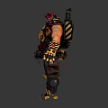 Muscular Armored Character With Yellow Red Armor And Mechanical Tools In Standing Pose