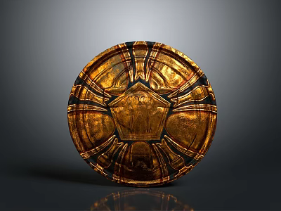 Golden Circular Ancient Shield With Black Line Decorations And Intricate Central Patterns 3d model