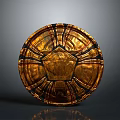 Golden Circular Ancient Shield With Black Line Decorations And Intricate Central Patterns