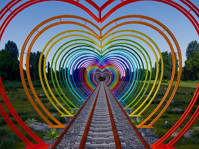 Rainbow Colored Heart Shaped Pergola with Central Pathway Green Trees and Grassy Area 3d model