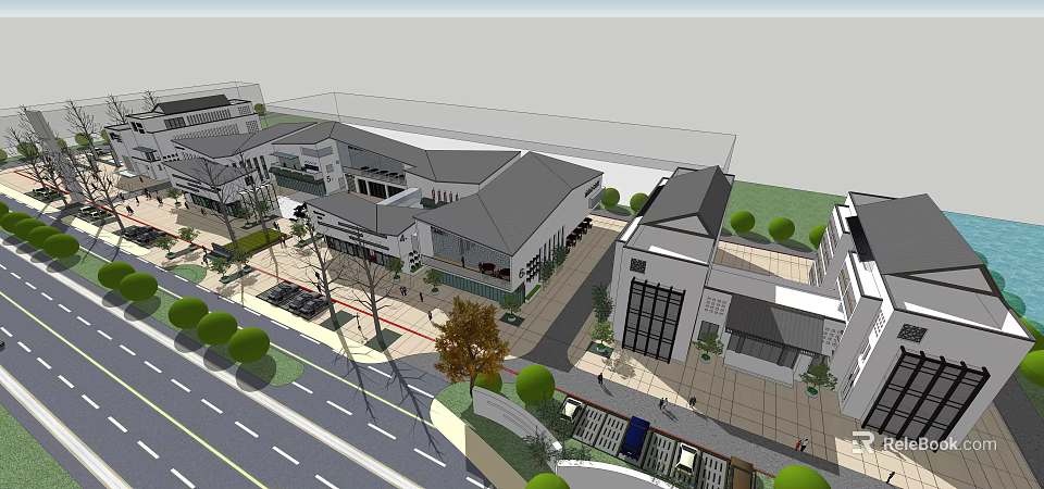 Modern Commercial Street With Stylish Buildings Parking Area And Green Landscaping 3d model 