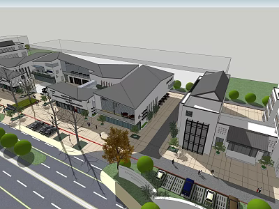 Modern Commercial Street With Stylish Buildings Parking Area And Green Landscaping 3d model