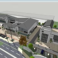 Modern Commercial Street With Stylish Buildings Parking Area And Green Landscaping