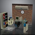 Office Interior Setup With Brick Wall Air Conditioner Clock Bookshelf Printer Computer Desk And Chair