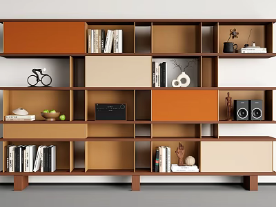 Modern Bookcase with Brown Orange Beige Panels Layered Shelves Books Decor and Electronics 3d model