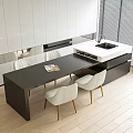 Modern Dining Table Set With Black Table White Chairs Kitchen Cabinets And Island 3d model