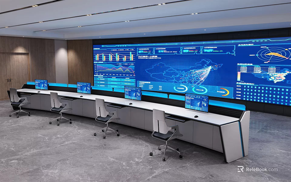 Control Room With Large Data Display Screen Multiple Monitors And Control Desk Setup 3d model 