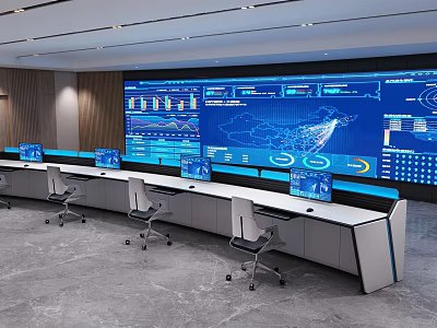 Control Room With Large Data Display Screen Multiple Monitors And Control Desk Setup 3d model