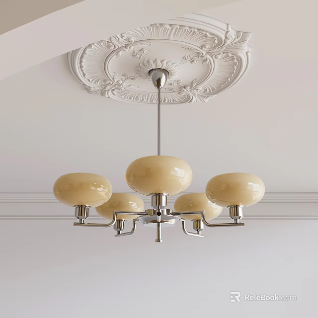 Elegant Modern Chandelier With Cream Colored Shades And Metal Frame On Decorative Ceiling 3d model 