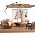 Comfortable Rattan Outdoor Sofa On Wooden Floor With Umbrella Coffee Table And Side Chairs