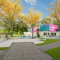 Colorful Children's Playground With Slide Trees Lawn And Pink Blue Building