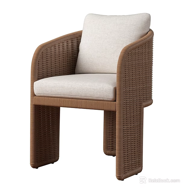 Modern Brown Wicker Stool With Beige Cushion And Armrest For Home Furniture Design 3d model 
