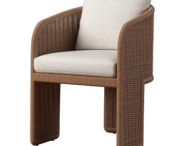 Modern Brown Wicker Stool With Beige Cushion And Armrest For Home Furniture Design 3d model