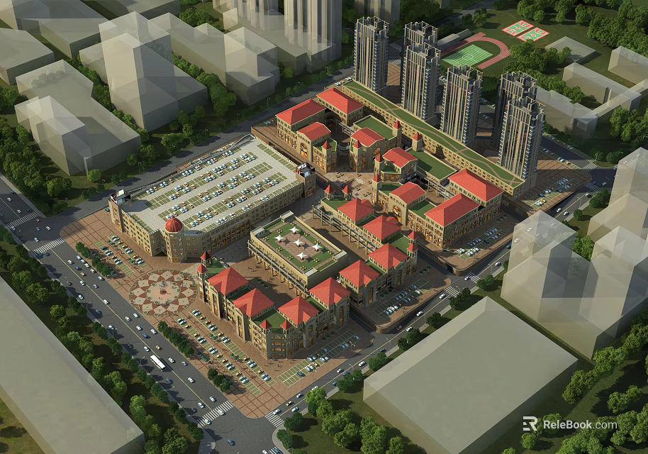 Aerial View Urban Planning With Red Roof Buildings High Rise Structures Green Spaces And Roads 3d model 