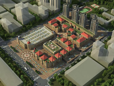 Aerial View Urban Planning With Red Roof Buildings High Rise Structures Green Spaces And Roads 3d model